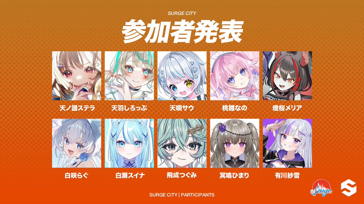 TeamSURGE_JP's tweet photo. 天ノ譜ステラ @amanofu_stella 
天羽しろっぷ @syrupchan0 
天唄サウ  @crybaby_saurus 
桃雛なの @momohina_nano 
燈桜メリア @melia_hizakura 
白咲らぐ @shirosaki_ragu 
白瀬スイナ @sirasesuina 
飛成つぐみ @tsugu_tugu12 
冥鳴ひまり @HimariKTRN 
有川紗雪 @sayuki_vt https://t.co/RWla5g4f9B
