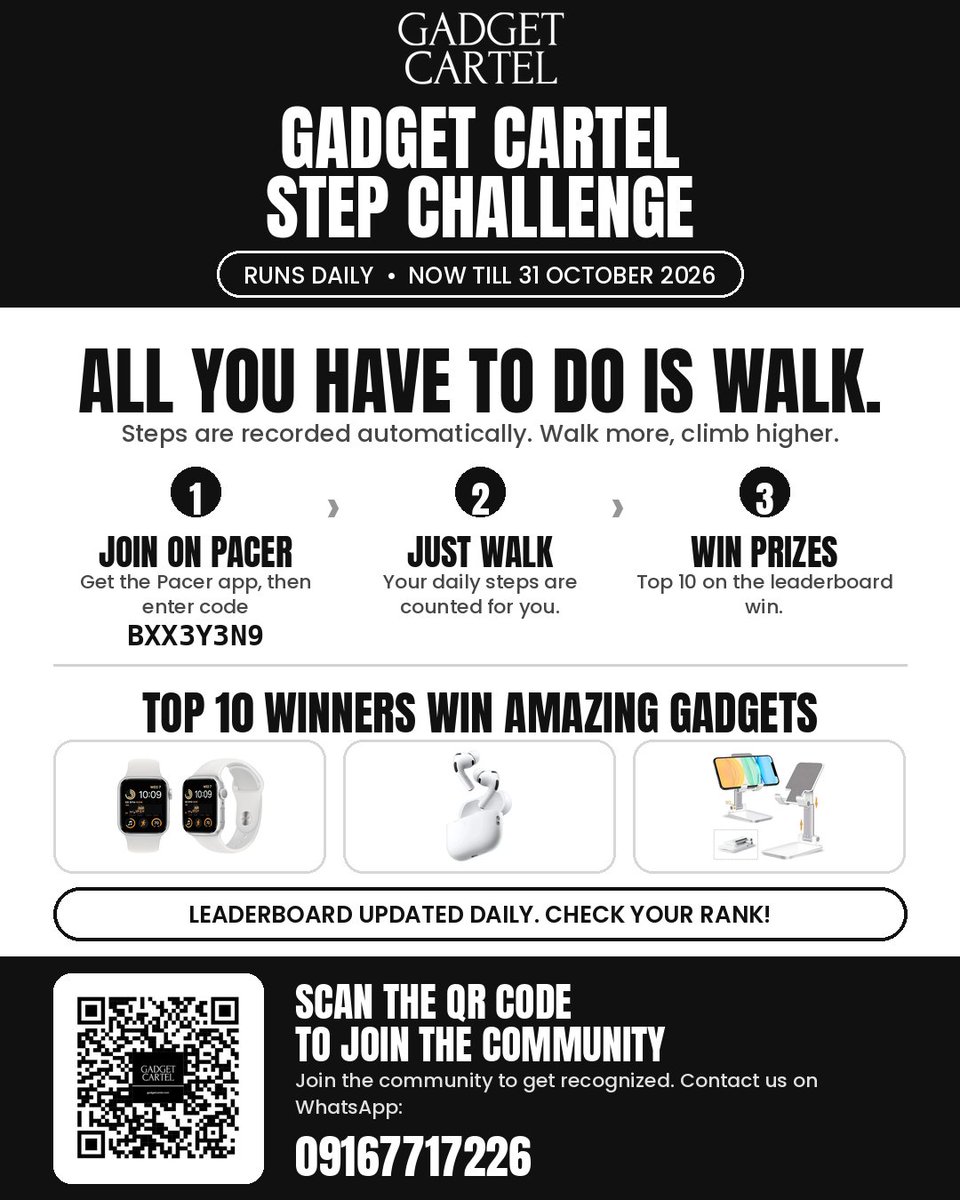 gadget_cartel's tweet photo. WALK. CLIMB. WIN. ๐
Gadget Cartel Step Challenge is LIVE!
Top 10 wins. ๐
No excuses. Lace up. Letโs see whoโs really got the steps. leaderboard.
Join Pacer App
Code: BXX3Y3N9
Till 31 Oct.
LET'S START WALKING
#GadgetCartel #StepChallenge #WalkEarnWin #Fitness #gympacer https://t.co/HFKvYS4T9i
