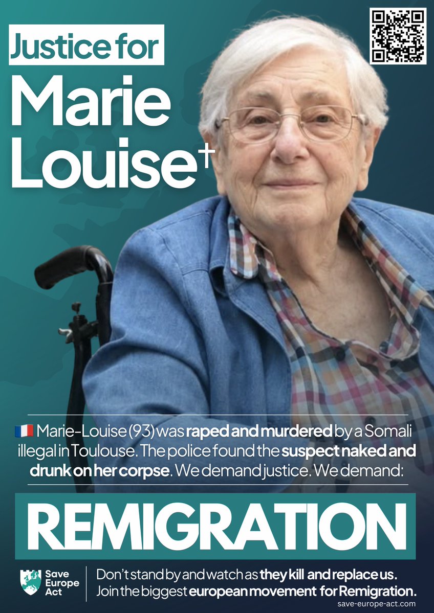 SaveEuropeAct's tweet photo. Justice for Marie-Louise 🕯️

Our girls are never too young. Our mothers and grandmothers are never too old. They are still targets.

She could have been your grandmother. Marie-Louise, 93, was murdered in Toulouse, France. A 34-year-old Sudanese man was found naked and asleep on top of her body.

He is accused of sexually assaulting the disabled, bedridden woman and of moving her through several rooms of her house. An autopsy found injuries consistent with sexual violence and asphyxiation. He has been charged and placed in pre-trial detention.

Marie-Louise was beloved in her neighbourhood: 
“the little grandmother of the quarter.”