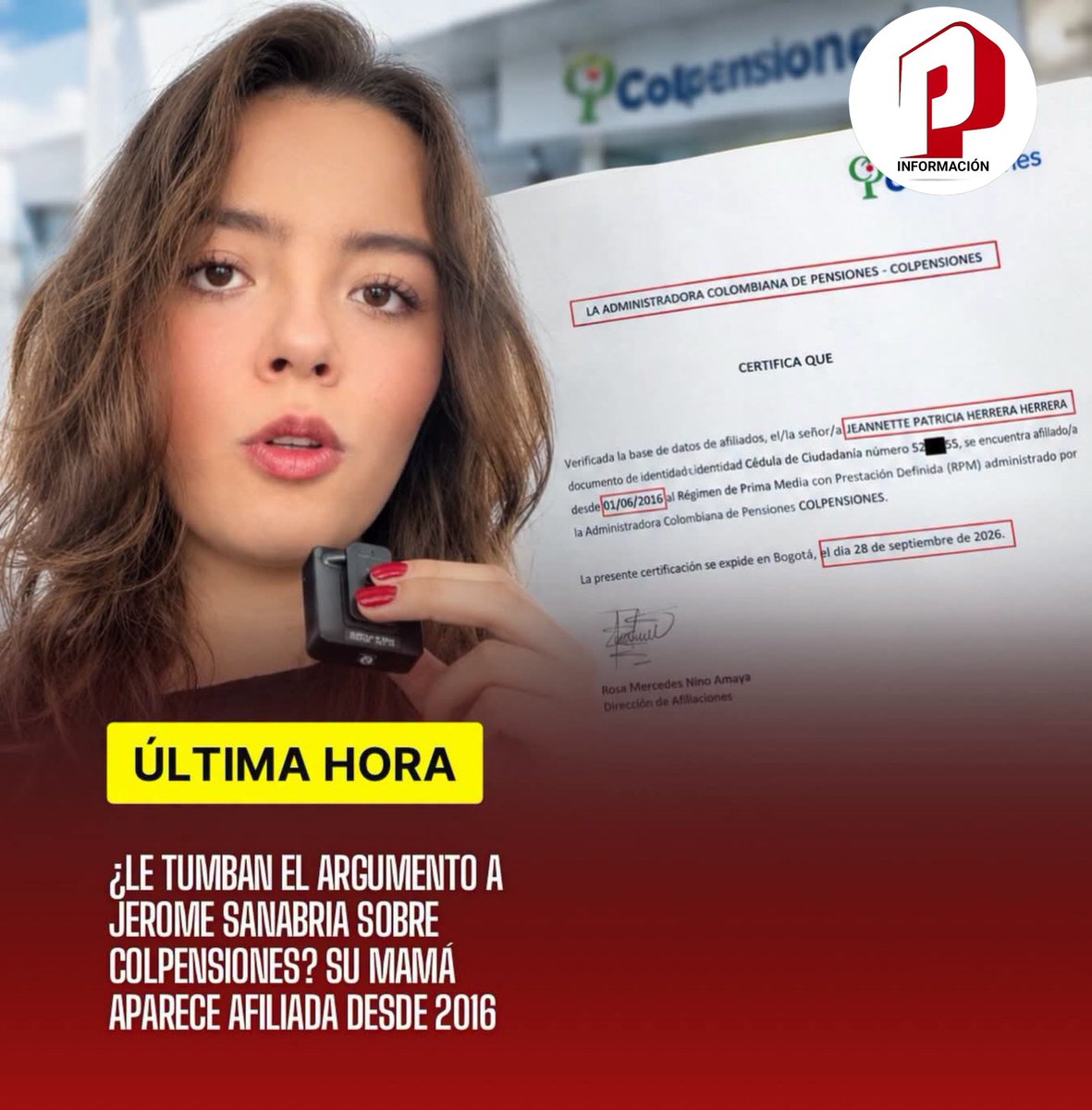 PANCARTA1992's tweet photo. #DobleRasera|  𝗨𝗡𝗔 𝗖𝗘𝗥𝗧𝗜𝗙𝗜𝗖𝗔𝗖𝗜𝗢𝗡 𝗢𝗙𝗜𝗖𝗜𝗔𝗟 𝗗𝗘 𝗖𝗢𝗟𝗣𝗘𝗡𝗦𝗜𝗢𝗡𝗘𝗦 𝗣𝗨𝗦𝗢 𝗦𝗢𝗕𝗥𝗘 𝗟𝗔 𝗠𝗘𝗦𝗔 𝗨𝗡 𝗗𝗔𝗧𝗢 𝗤𝗨𝗘 𝗖𝗢𝗡𝗧𝗥𝗔𝗦𝗧𝗔 𝗖𝗢𝗡 𝗨𝗡𝗢 𝗗𝗘 𝗟𝗢𝗦 𝗔𝗥𝗚𝗨𝗠𝗘𝗡𝗧𝗢𝗦 𝗨𝗧𝗜𝗟𝗜𝗭𝗔𝗗𝗢𝗦 𝗣𝗢𝗥 𝗝𝗘𝗥𝗢𝗠𝗘 𝗘𝗡 𝗠𝗘𝗗𝗜𝗢 𝗗𝗘 𝗟𝗔 𝗗𝗜𝗦𝗖𝗨𝗦𝗜𝗢𝗡 𝗦𝗢𝗕𝗥𝗘 𝗘𝗟 𝗦𝗜𝗦𝗧𝗘𝗠𝗔 𝗣𝗘𝗡𝗦𝗜𝗢𝗡𝗔𝗟.

El documento, expedido el 28 de septiembre de 2026, certifica que 𝙅𝙚𝙖𝙣𝙣𝙚𝙩𝙩𝙚 𝙋𝙖𝙩𝙧𝙞𝙘𝙞𝙖 𝙃𝙚𝙧𝙧𝙚𝙧𝙖 𝙃𝙚𝙧𝙧𝙚𝙧𝙖, madre de Sanabrio @SoyJerome__ , 𝗲𝘀𝘁𝗮 𝗮𝗳𝗶𝗹𝗶𝗮𝗱𝗮 𝗮𝗹 𝗥𝗲𝗴𝗶𝗺𝗲𝗻 𝗱𝗲 𝗣𝗿𝗶𝗺𝗮 𝗠𝗲𝗱𝗶𝗮 𝗮𝗱𝗺𝗶𝗻𝗶𝘀𝘁𝗿𝗮𝗱𝗼 𝗽𝗼𝗿 𝗖𝗼𝗹𝗽𝗲𝗻𝘀𝗶𝗼𝗻𝗲𝘀 𝗱𝗲𝘀𝗱𝗲 𝗲𝗹 𝟵 𝗱𝗲 𝗷𝘂𝗻𝗶𝗼 𝗱𝗲 𝟮𝟬𝟭𝟲.

Tras conocerse el documento, Sanabria cuestionó que se involucrara a su madre en la discusión y respondió:

“𝘾𝙤𝙢𝙤 𝙣𝙤 𝙚𝙣𝙘𝙪𝙚𝙣𝙩𝙧𝙖𝙣 𝙖𝙧𝙜𝙪𝙢𝙚𝙣𝙩𝙤𝙨, 𝙖𝙝𝙤𝙧𝙖 𝙨𝙚 𝙢𝙚𝙩𝙚𝙣 𝙘𝙤𝙣 𝙢𝙞 𝙢𝙖𝙢𝙖. 𝘾𝙤𝙣 𝙚𝙡𝙡𝙖 𝙣𝙤 𝙨𝙚 𝙢𝙚𝙩𝙖𝙣”.

Sanabria también sostiene que su madre "no podía trasladarse"  nuevamente de régimen y recuerda que cuando tomó la decisión de pasarse a @Colpensiones, ella no podía impedir que lo hiciera pues apenas tenía 10 años.  

Sin embargo, 𝗲𝘅𝗶𝘀𝘁𝗲 𝘂𝗻 𝗲𝗹𝗲𝗺𝗲𝗻𝘁𝗼 𝗾𝘂𝗲 𝗴𝗲𝗻𝗲𝗿𝗮 𝘂𝗻𝗮 𝗻𝘂𝗲𝘃𝗮 𝗱𝗶𝘀𝗰𝘂𝘀𝗶𝗼𝗻: 𝗹𝗮 𝗿𝗲𝗳𝗼𝗿𝗺𝗮 𝗽𝗲𝗻𝘀𝗶𝗼𝗻𝗮𝗹 𝗱𝗲 𝟮𝟬𝟮𝟰 𝗰𝗿𝗲𝗼 𝘂𝗻𝗮 𝗼𝗽𝗼𝗿𝘁𝘂𝗻𝗶𝗱𝗮𝗱 𝗲𝘅𝗰𝗲𝗽𝗰𝗶𝗼𝗻𝗮𝗹 𝗱𝗲 𝘁𝗿𝗮𝘀𝗹𝗮𝗱𝗼 𝗲𝗻𝘁𝗿𝗲 𝗿𝗲𝗴𝗶𝗺𝗲𝗻𝗲𝘀 𝗽𝗮𝗿𝗮 𝗾𝘂𝗶𝗲𝗻𝗲𝘀 𝗰𝘂𝗺𝗽𝗹𝗶𝗲𝗿𝗮𝗻 𝗱𝗲𝘁𝗲𝗿𝗺𝗶𝗻𝗮𝗱𝗼𝘀 𝗿𝗲𝗾𝘂𝗶𝘀𝗶𝘁𝗼𝘀, 𝗰𝗼𝗻 𝗽𝗹𝗮𝘇𝗼 𝗵𝗮𝘀𝘁𝗮 𝗲𝗹 𝟭𝟲 𝗱𝗲 𝗷𝘂𝗹𝗶𝗼 𝗱𝗲 𝟮𝟬𝟮𝟲.

Por eso, el hecho de estar afiliada a Colpensiones desde 2016 no significaba por sí solo que estuviera impedida para siempre de cambiar de régimen. 𝗟𝗮 𝗽𝗼𝘀𝗶𝗯𝗶𝗹𝗶𝗱𝗮𝗱 𝗱𝗲 𝗵𝗮𝗰𝗲𝗿𝗹𝗼 dependía de que cumpliera las condiciones establecidas por la ley.

El certificado conocido ahora confirma que, a septiembre de 2026, 𝗹𝗮 𝗺𝗮𝗱𝗿𝗲 𝗱𝗲 𝗦𝗮𝗻𝗮𝗯𝗿𝗶𝗮 𝗰𝗼𝗻𝘁𝗶𝗻𝘂𝗮 𝗮𝗳𝗶𝗹𝗶𝗮𝗱𝗮 𝗮 𝗖𝗼𝗹𝗽𝗲𝗻𝘀𝗶𝗼𝗻𝗲𝘀.

El debate, entonces, no está en si ella podía o no ser afiliada a Colpensiones en 2016 𝘀𝗶𝗻𝗼 𝗲𝗻 𝘀𝗶 𝗱𝘂𝗿𝗮𝗻𝘁𝗲 𝗹𝗮 𝘃𝗲𝗻𝘁𝗮𝗻𝗮 𝗲𝘅𝗰𝗲𝗽𝗰𝗶𝗼𝗻𝗮𝗹 𝗰𝗿𝗲𝗮𝗱𝗮 𝗽𝗼𝗿 𝗹𝗮 𝗿𝗲𝗳𝗼𝗿𝗺𝗮 𝗽𝗲𝗻𝘀𝗶𝗼𝗻𝗮𝗹 𝗰𝘂𝗺𝗽𝗹𝗶𝗮 𝗹𝗼𝘀 𝗿𝗲𝗾𝘂𝗶𝘀𝗶𝘁𝗼𝘀 𝗽𝗮𝗿𝗮 𝘁𝗿𝗮𝘀𝗹𝗮𝗱𝗮𝗿𝘀𝗲 𝗻𝘂𝗲𝘃𝗮𝗺𝗲𝗻𝘁𝗲 𝗮 𝘂𝗻𝗮 𝗔𝗙𝗣 𝘆, 𝗱𝗲 𝘀𝗲𝗿 𝗮𝘀𝗶, 𝗽𝗼𝗿 𝗾𝘂𝗲 𝗽𝗲𝗿𝗺𝗮𝗻𝗲𝗰𝗶𝗼 𝗲𝗻 𝗖𝗼𝗹𝗽𝗲𝗻𝘀𝗶𝗼𝗻𝗲𝘀.