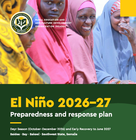 reado_org's tweet photo. As Somalia enters the 2026 Deyr season, we have developed our El Niño 2026–27 Preparedness and Response Plan to guide anticipatory action, emergency response and early recovery across our areas of operation in Baidoa, Bay, Bakool and Gedo.

Our message is simple: Act before the water rises.

The plan prioritizes early warning, community preparedness, pre-positioning of essential supplies, protection of critical services, and rapid response within 72 hours of confirmed impact. Under the central scenario, READO is preparing to reach around 150,000 people, with at least half being women and girls.

Preparedness today can save lives, protect livelihoods and help communities recover faster.

https://t.co/ubaUKOaRr3

#ElNino #Somalia #AnticipatoryAction #DisasterPreparedness #HumanitarianResponse #READO