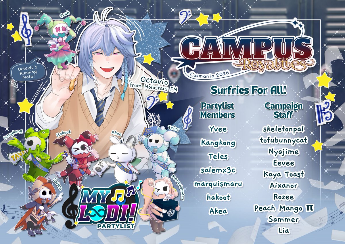 PHpoppet's tweet photo. ♾️ Handang-handa na ang Octoposse para sa paparating na Campus Royalty!

MY LODI PARTYLIST PLATFORMS:
1. Mamigay ng Libreng Fries
2. Mamigay ng Freebies
3. Magpa-cute sa Kapwa Poppet

SURFRIES FOR ALL!

#CosplayMania2026
#CampusRoyalties2026
#MYLODIPartylist https://t.co/P24X2uCZlL