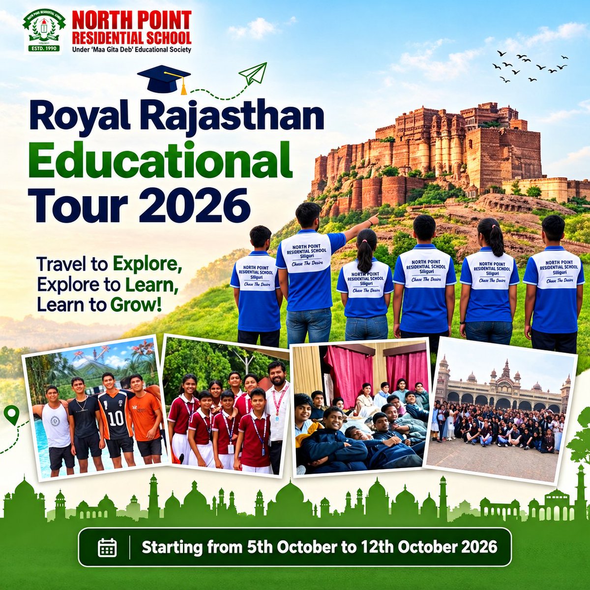 NORTHPOINTRESI's tweet photo. This October, nearly 100 enthusiastic students of North Point Residential School, Siliguri, are all set to embark on an unforgettable educational journey across the magnificent cities of Rajasthan, from 5th to 12th October 2026.
#RoyalRajasthanEducationalTour2026 #NPRS #edutour https://t.co/6YABGTfaLj