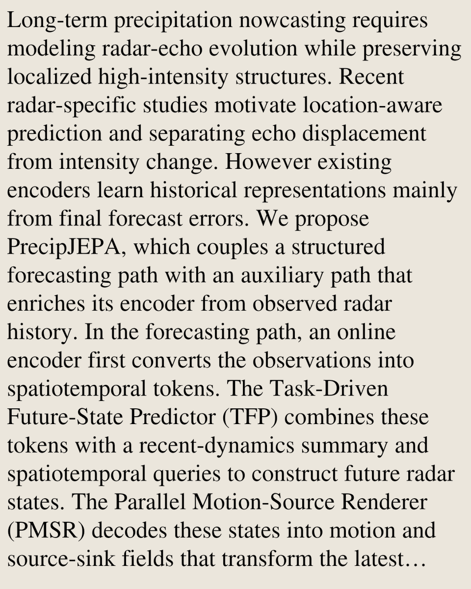 MultimediaPaper's tweet photo. PrecipJEPA: JEPA-Regularized Future-State Prediction with Motion-Source Rendering for Precipitation Nowcasting

Yufeng Zhu, Dan Niu, Qiliang Wu, Weiwei Huang, Yixiao Liang, Yongchao Feng, Chunlei Shi
https://t.co/i4pcTEQ2se [𝚌𝚜.𝙼𝙼 𝚌𝚜.𝙻𝙶] https://t.co/dI6RZAQzDg