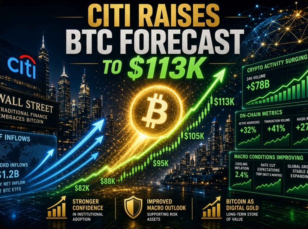 bobnaga26's tweet photo. Citi just raised its 12-month Bitcoin forecast to $113K, up from $82K.
The bank points to stronger crypto activity, better macro conditions and renewed ETF flows.
Bitcoin is getting serious attention from traditional finance. ₿🔥

$BTC https://t.co/SmIjaw7UeJ
