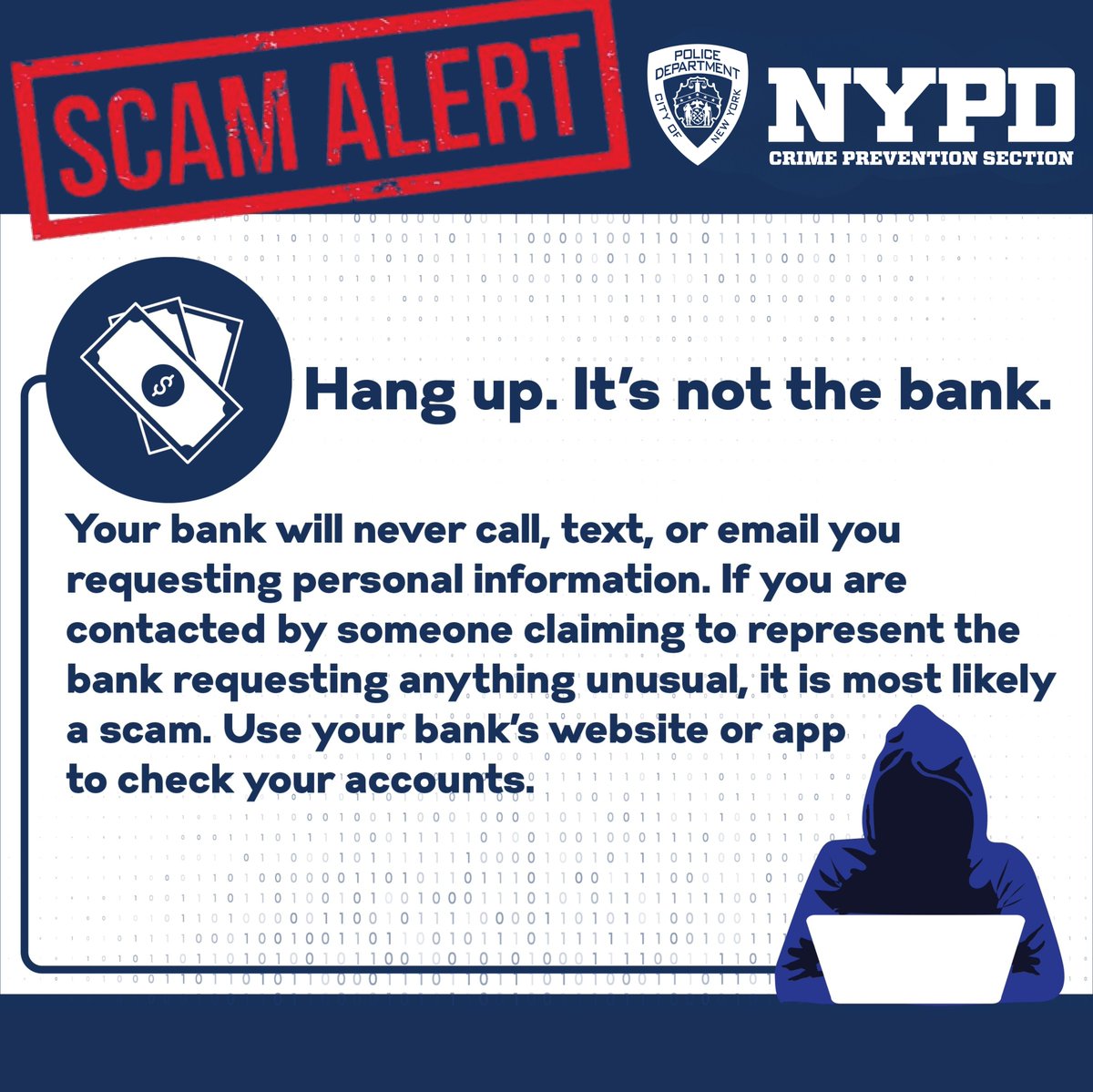 NYPD111Pct's tweet photo. 🚨Financial Scam Awareness Reminder🚨
Please refer to the attached graphics for important information on how to recognize and avoid financial scams.
Stay alert! Protect your information. When in doubt call 911! https://t.co/b0fJgjhtRt