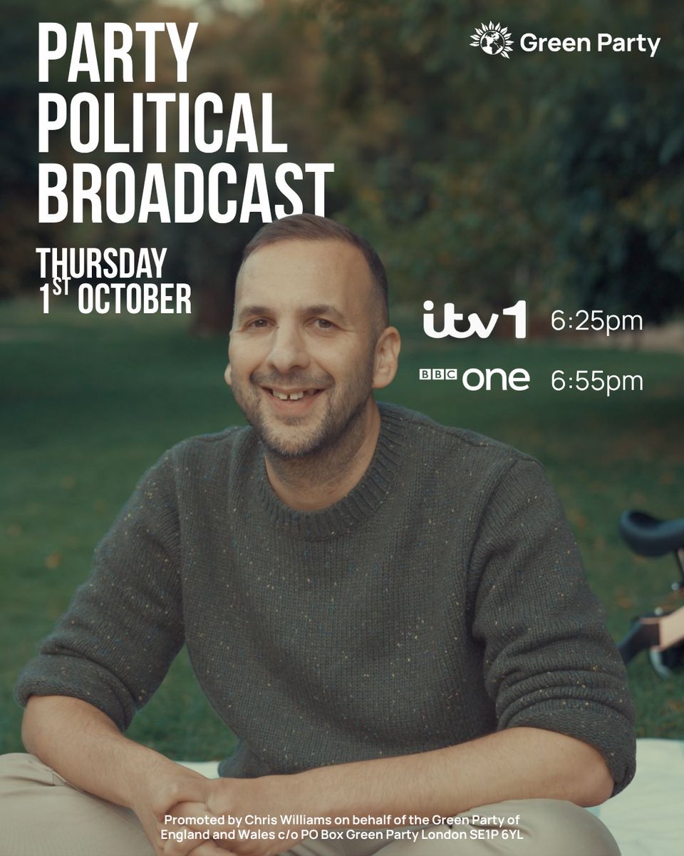 TheGreenParty's tweet photo. 📺 Watch our Party Political Broadcast tonight.

Tune in on ITV1 and BBC One, or via our social media channels. https://t.co/Xn6g2t3Xfy