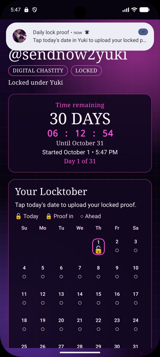 send2yuki's tweet photo. 🔒 Yuki Locktober.apk

Start October properly. 💜

31 days. One Locktober. Think you can make it to the end? 👑

Supports Lockbox + Digital Chastity with consensual challenge modes and daily tasks.

> LOCKTOBER : ACTIVE 🔒
> DAYS      : 31
> UNLOCK    : 31 OCT
> CONTROL   : GODDESS YUKI
📲 Click. Install. Lock in.

https://t.co/6XYAN0k8tF