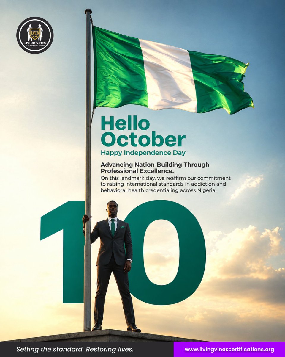 LVCBOfficial's tweet photo. Happy New Month & Happy Independence Day from all of us at the Living Vines Certification Board!
Let’s continue building a healthier, more resilient workforce together.
#LivingVinesCB #LVCB #BehavioralHealth #NationBuilding #NigeriaAt66 #HappyIndependenceDay https://t.co/45MRsVCHhv