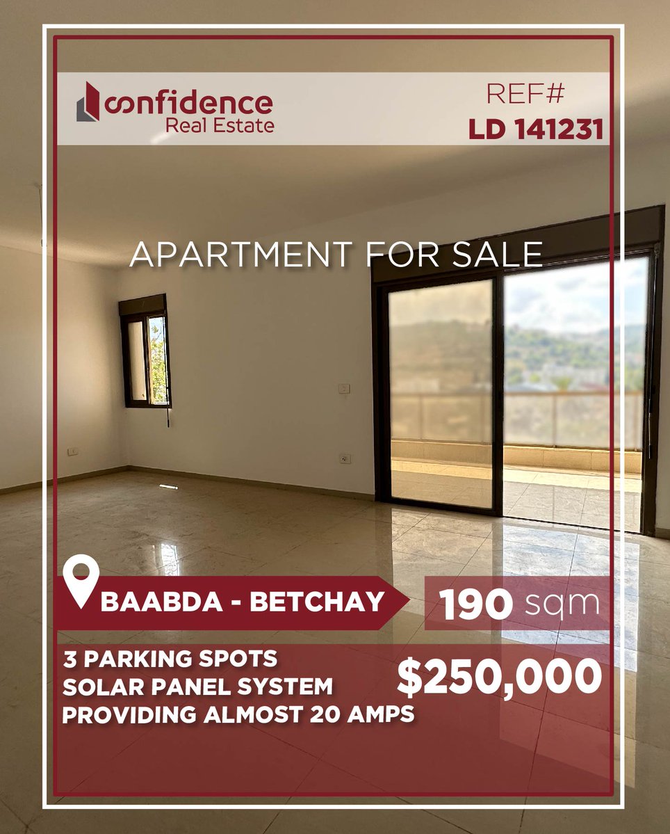 confidence_cre's tweet photo. Price : 250,000$ + 2,5 Commission

190 SQM Apartment for Sale in Betchay, Spacious &amp; Bright with 3 Parking Spots
📞 For more information &amp; viewings:71 000 850
REF#LD141231

#Betchay #BetchayRealEstate #BetchayProperty #LebanonRealEstate #RealEstateLebanon 

#CONFILD

S https://t.co/1x1n65UNMa
