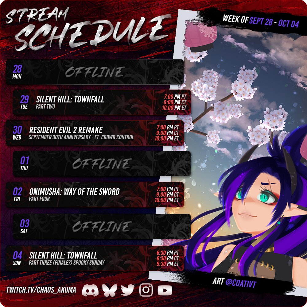 Chaos_Akuma's tweet photo. ☁️ STREAM SCHEDULE / SEP 27 - OCT 4 ☁️
This week we're delving through the fog in Silent Hill: Townfall, returning to Raccoon City for Resident Evil 2 Remake ft. crowd control, and resuming the fight in Onimusha: Way of the Sword! #vtuber #envtuber #vcan #vcanada https://t.co/HktkyFRstN