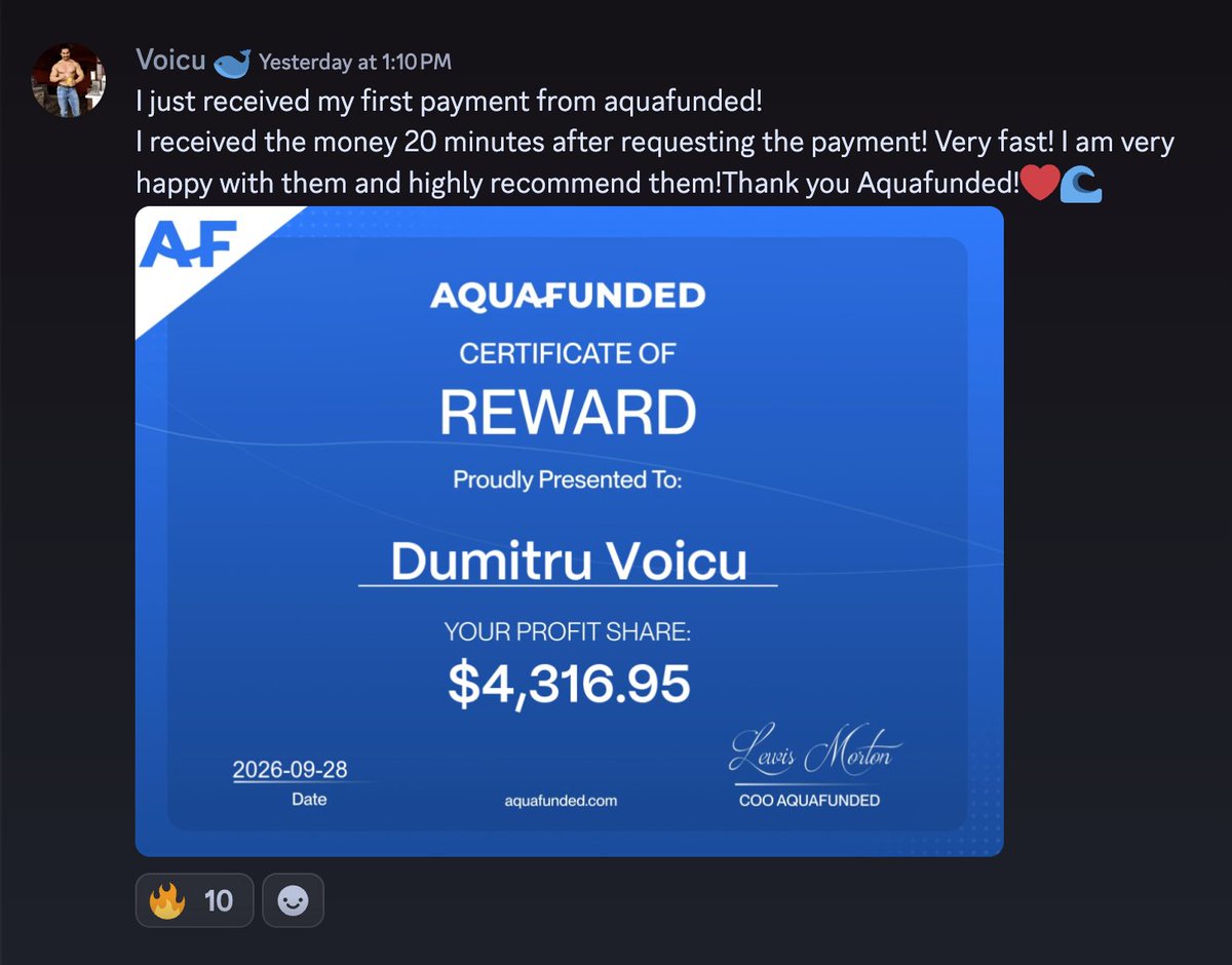 AquaFunded's tweet photo. $4,316.95 paid out to Dumitru Voicu

He requested it and had the money in 20 minutes

It's his first payout with AquaFunded

Fast payouts aren't a promise we make, they're something we prove

Congrats Dumitru 👏 https://t.co/7EhZlFZV2L