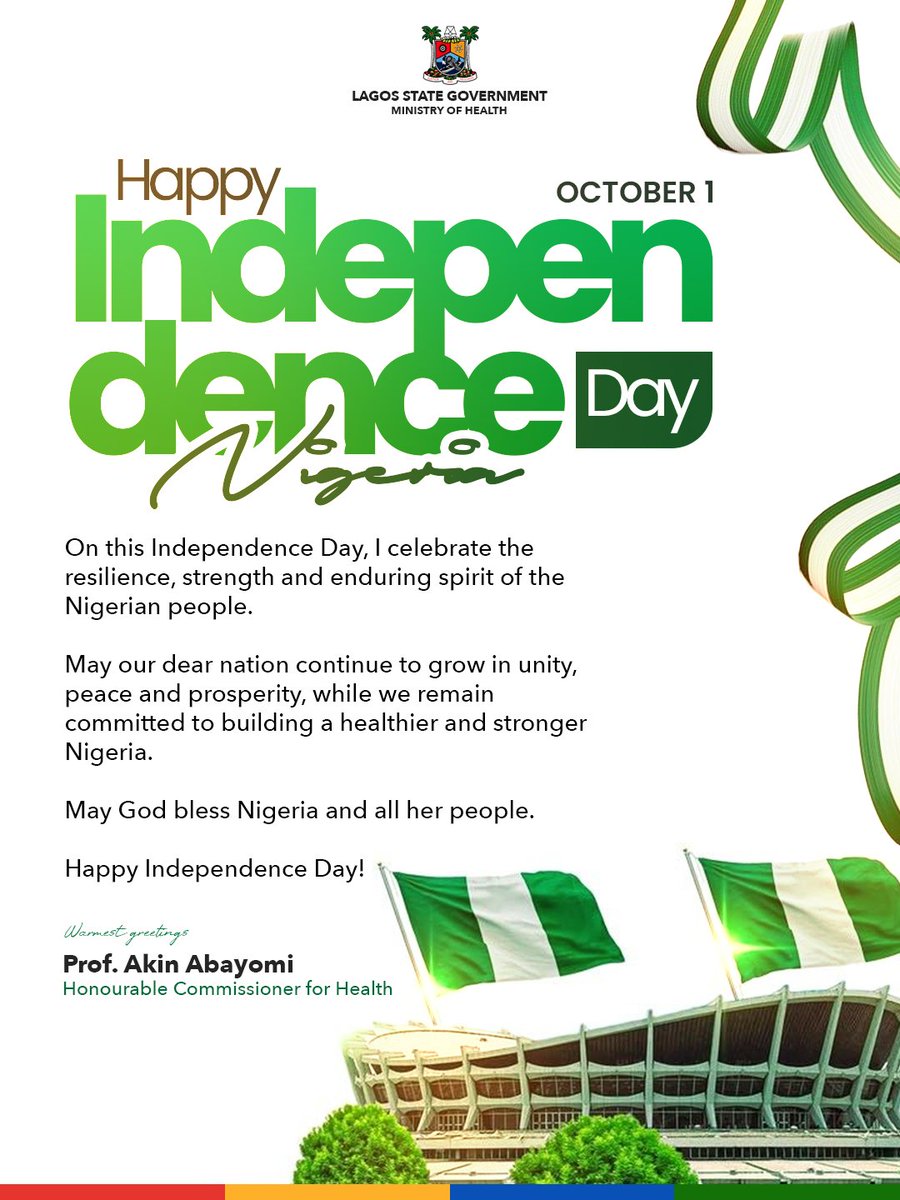 LSMOH's tweet photo. HAPPY INDEPENDENCE DAY, NIGERIA! 🇳🇬

Today, the Lagos One Health Family joins Nigerians to celebrate our nation’s independence &amp; the resilience of our people

May our nation continue to prosper in peace, unity and good health

Happy Independence Day!

— The Lagos Health Family 🇳🇬 https://t.co/7LPmkVZM5a