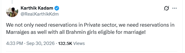 KesariDhwaj's tweet photo. Women have been used as war trophies since time immemorial. The idea was to humiliate the defeated enemy. And in case of invasion by Islamic forces, convert the women to Islam and make them birth future Muslim children. That was the ultimate perversion.

What he's saying here is on similar lines. This constant reference to marrying Brahmin women is meant as an act of revenge and to shame the Brahmins/Upper Caste people.