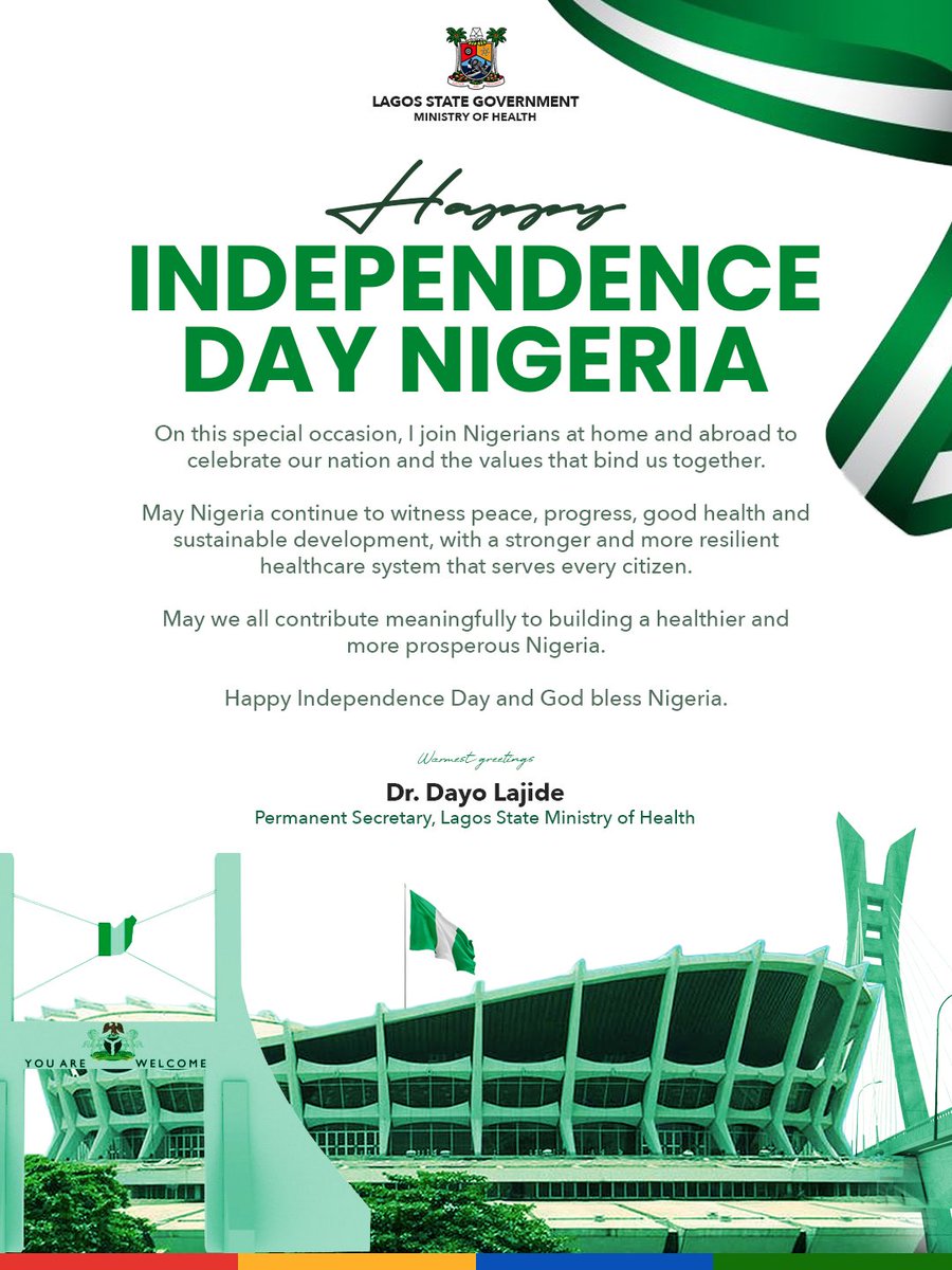 LSMOH's tweet photo. HAPPY INDEPENDENCE DAY, NIGERIA! 🇳🇬

Today, the Lagos One Health Family joins Nigerians to celebrate our nation’s independence &amp; the resilience of our people

May our nation continue to prosper in peace, unity and good health

Happy Independence Day!

— The Lagos Health Family 🇳🇬 https://t.co/7LPmkVZM5a
