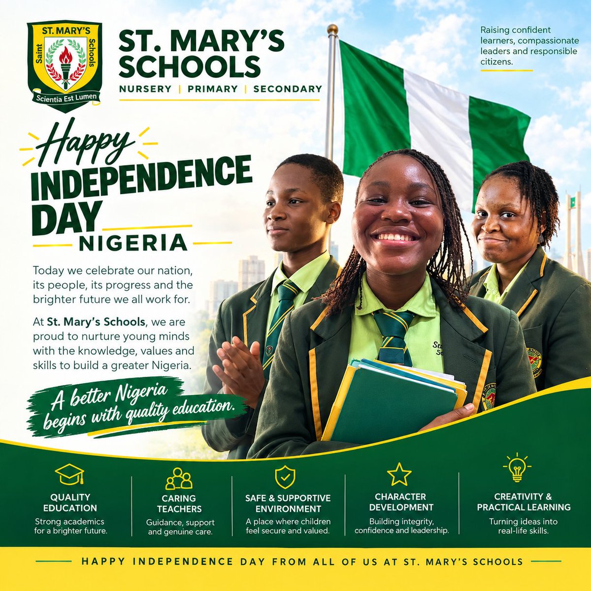 StMaryssch11682's tweet photo. 🇳🇬 Happy Independence Day, Nigeria!

Celebrating our heritage, resilience and diversity. At St. Mary’s Schools, we’re raising confident, compassionate and responsible citizens for a brighter Nigeria.

#NigeriaAt66 #IndependenceDayNigeria #ProudlyNigerian https://t.co/A44RYjFXsN