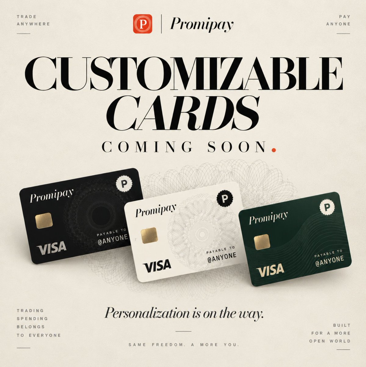 promipay's tweet photo. Customizable Promipay cards are coming.

Different looks. Same rails. Same fees. Same @.

Make the card yours.

https://t.co/LfhOcVQGVE https://t.co/9nyuDFNrHc