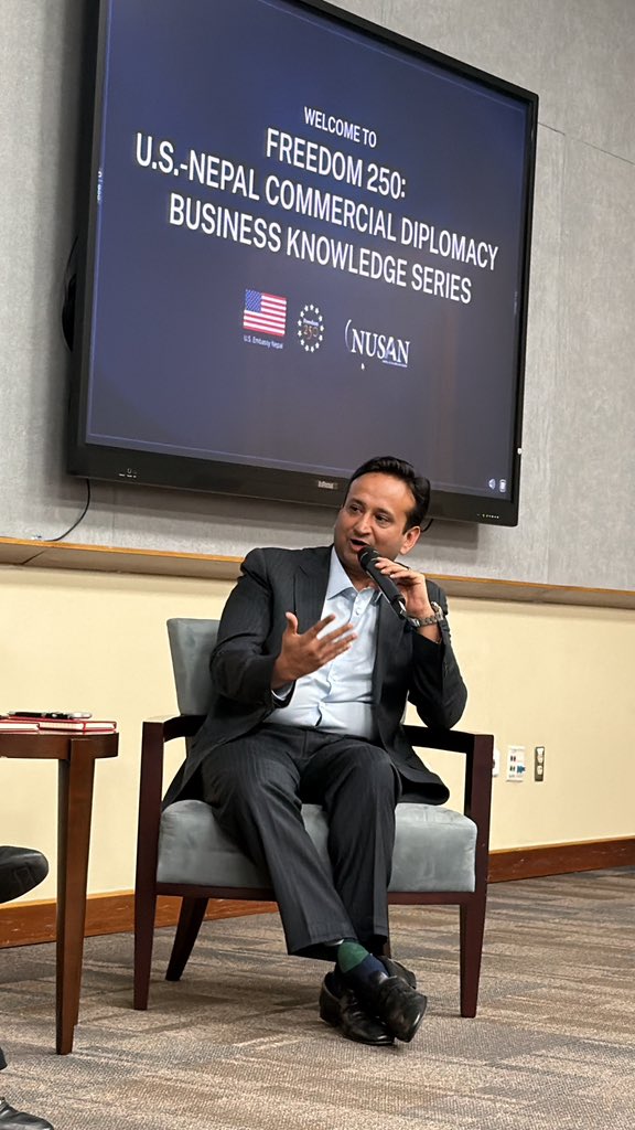 BeingNirvana's tweet photo. It was a pleasure speaking at the U.S.–Nepal Commercial Diplomacy Business Keynote Series at the American Embassy. Glad to share some of my experiences and perspectives on business, entrepreneurship, and strengthening economic ties between Nepal and the United States. @USEmbassyNepal