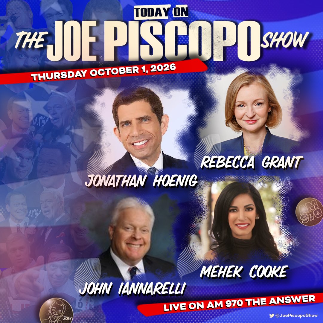 JoePiscopoShow's tweet photo. TODAY with guest host @CPLiebau:
• @JonathanHoenig 
• @FBIjohn 
• Aaron Withe
• @MehekCooke 
• @rebeccagrantdc 
• @nicolegelinas 
+ @joeysib, @algattullo &amp; MORE!

🎙️ Listen LIVE anywhere: https://t.co/LpqXjUTzbT https://t.co/jcaryMmHHp