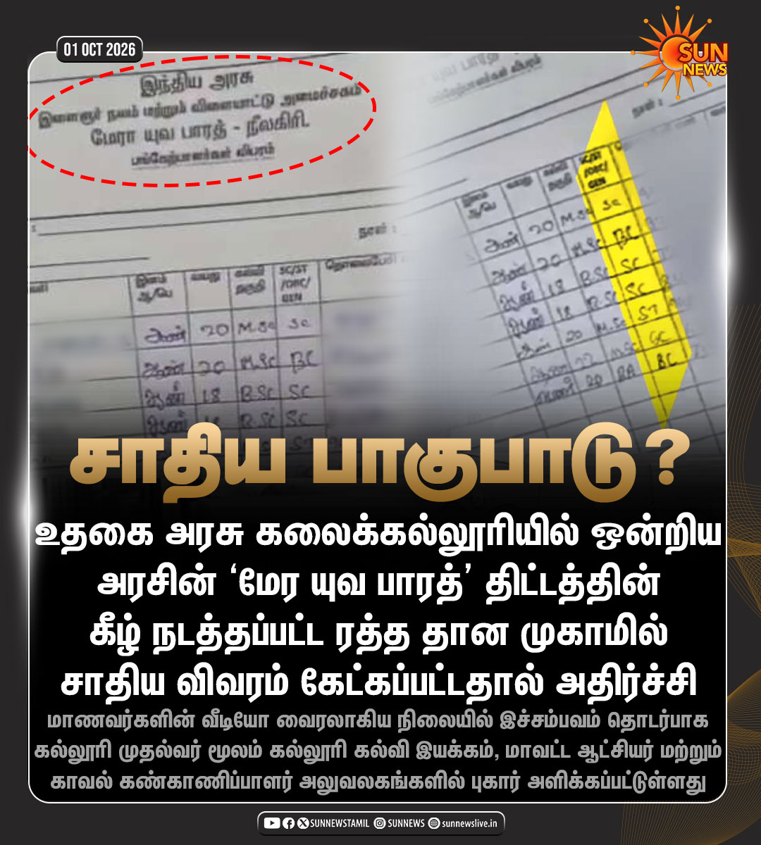 sunnewstamil's tweet photo. #NewsUpdate | ரத்த தான முகாமில் சாதிய விவரம்; மாணவர்கள் அதிர்ச்சி!

#SunNews | #BloodCamp | #Issue https://t.co/RHcgMR7qP8