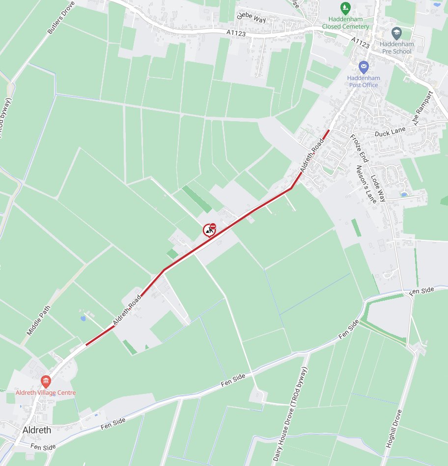 Cambs_Traffic's tweet photo. 🚧ADVANCE NOTICE
#Aldreth Road, #Haddenham will be CLOSED to all vehicles on the 7th October between the hours of 9:30am and 2:30pm for pre surface dressing carriageway patching.

More info: https://t.co/fT3gOzy4Yr https://t.co/N7iNn5u5Yw