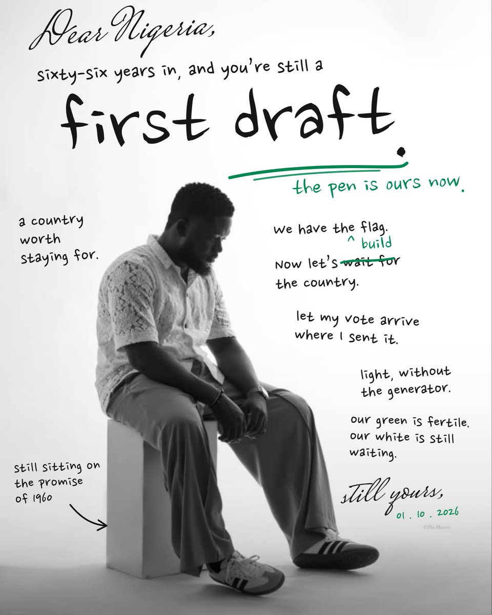 officialviq's tweet photo. Sixty-six years in, and Nigeria still reads like a first draft.

1960 gave us the outline. What we’re still writing is votes that count, light that stays on, and a country worth staying for.

But a draft isn’t a failure. It means it isn’t finished, and it can still be rewritten. https://t.co/OjGFx8mC5j