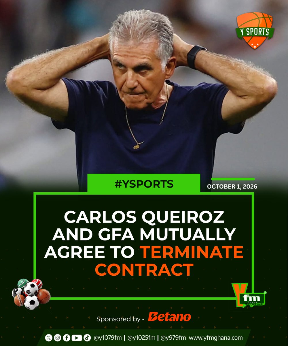 YSportsGh's tweet photo. π¨ Ghana Football Association and Carlos Queiroz have mutually agreed to terminate the Service Agreement governing his role as Head Coach of the Ghana National Team, the Black Stars.
#YSports https://t.co/Hq5iH7Ta0f