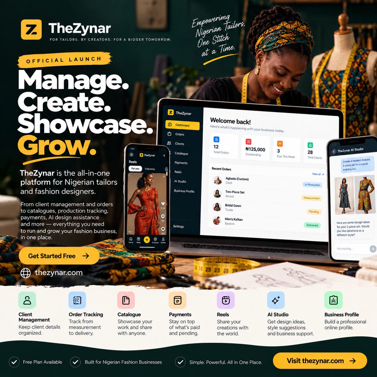 TheZynarTeam's tweet photo. We built something for Nigerian tailors and designers. 🇳🇬🧵

It’s called TheZynar.
Your talent creates the clothes. TheZynar helps you manage the business behind them.

TheZynar is officially here.

Start free → https://t.co/hmfXT9FtBN

#TheZynar #NigerianFashion #FashionTech https://t.co/oxiz6xRjEE