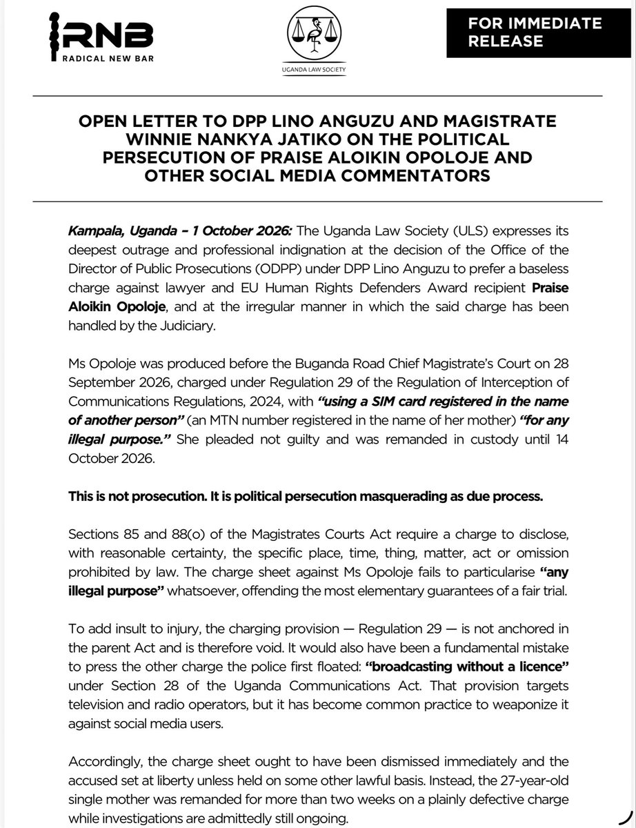 PhillipKarugaba's tweet photo. “a classic example of using trumped-
up charges to chill protected expression, in clear violation of …
of the Constitution”. Thank you @ug_lawsociety @IsaacSsemakadde 
This conduct of @ODPPUGANDA and @JudiciaryUG is unacceptable. It must be exposed. It must be stopped. https://t.co/W609YLveAD