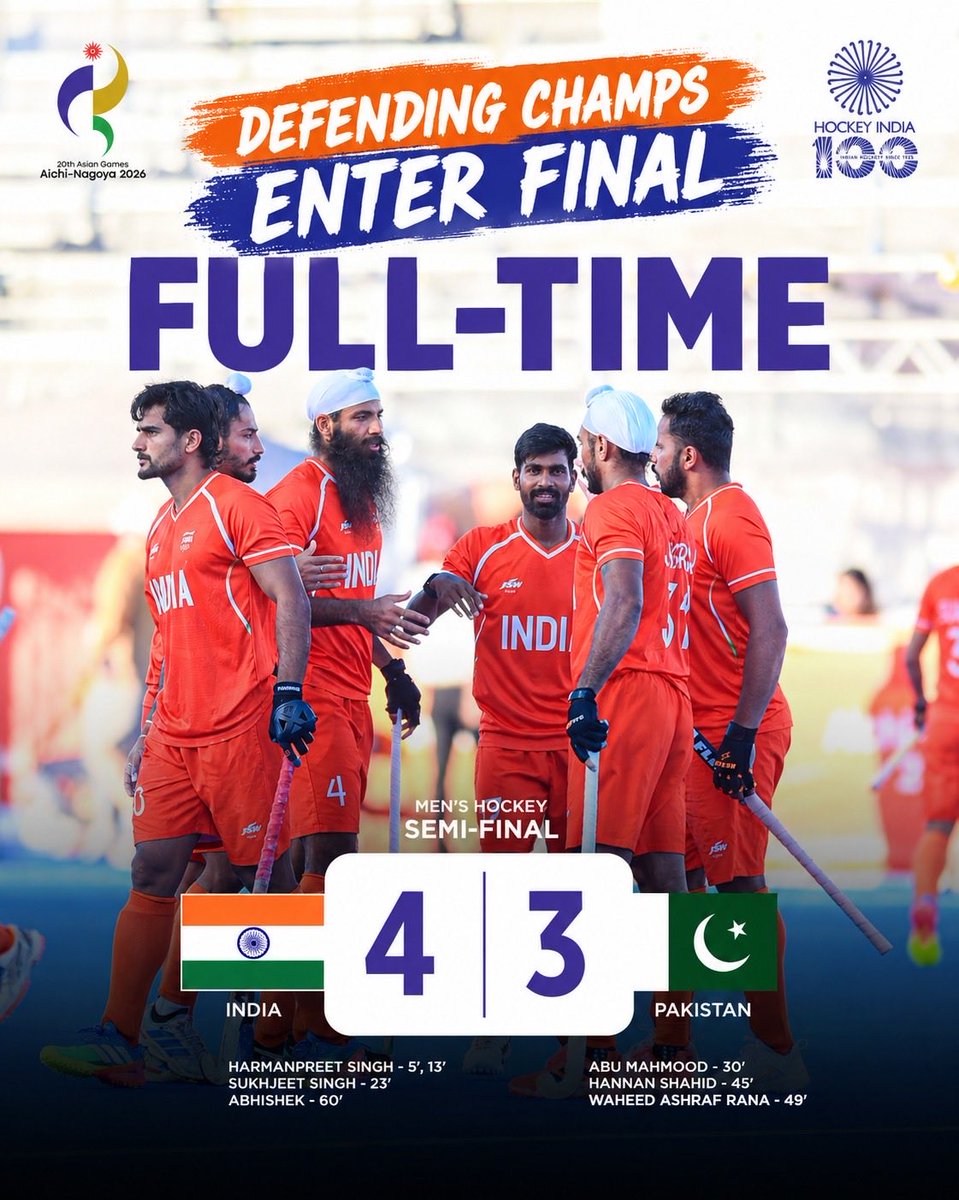 DilipTirkey's tweet photo. 𝗣𝗥𝗢𝗨𝗗 𝗢𝗙 𝗢𝗨𝗥 𝗧𝗘𝗔𝗠! 🇮🇳🔥

What a thrilling 4–3 victory over Pakistan in the Asian Games 2026 semi-final! 🏑⚡

The Indian Men’s Team are through to the final for the second consecutive time. One more step towards defending our Gold! 🥇🇮🇳

Go India! Make us proud! https://t.co/RPoGQp5IPd