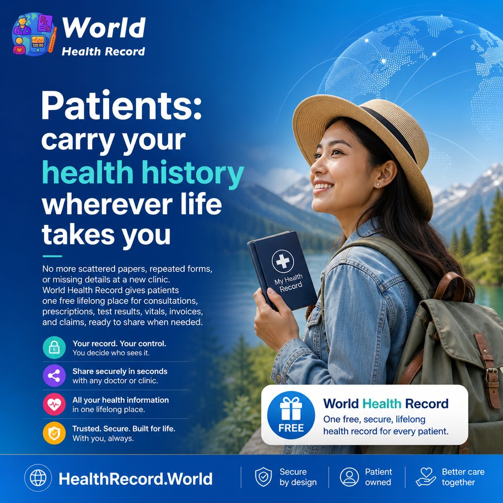 WldHealthRecord's tweet photo. Patients: carry your health history wherever life takes you

No more scattered papers, repeated forms, or missing details at a new clinic. World Health Record gives patients one free lifelong place for consultations, prescriptions, test results, vitals, invoices, and claims, ready to share when needed. Learn more at https://t.co/TdewFvUNYP