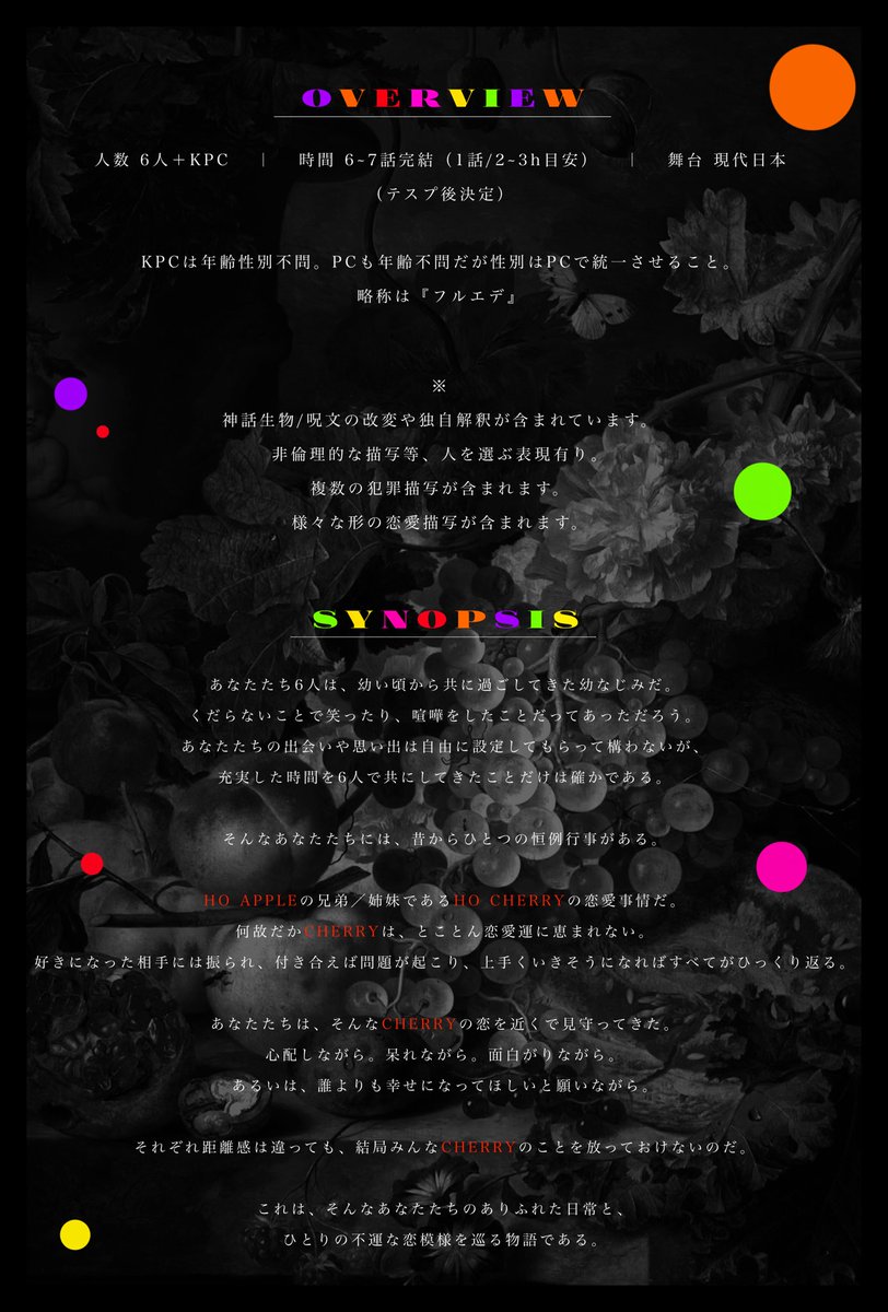 utyu_trpg's tweet photo. Call of Cthulhu
▮ FRUITS EDEN
＿

秘匿6PL × 恋愛群像劇 × 6~7話構成
＿

致命的に恋愛運のないKPC🍒を、
滅茶苦茶な恋人候補から救う(？)シナリオです。

略称は『フルエデ』 🍎🍑🍊🍋🍈🍇
今書いてるシナリオ！頑張るぞ〜〜！✨️ https://t.co/mcvqXxXXqi