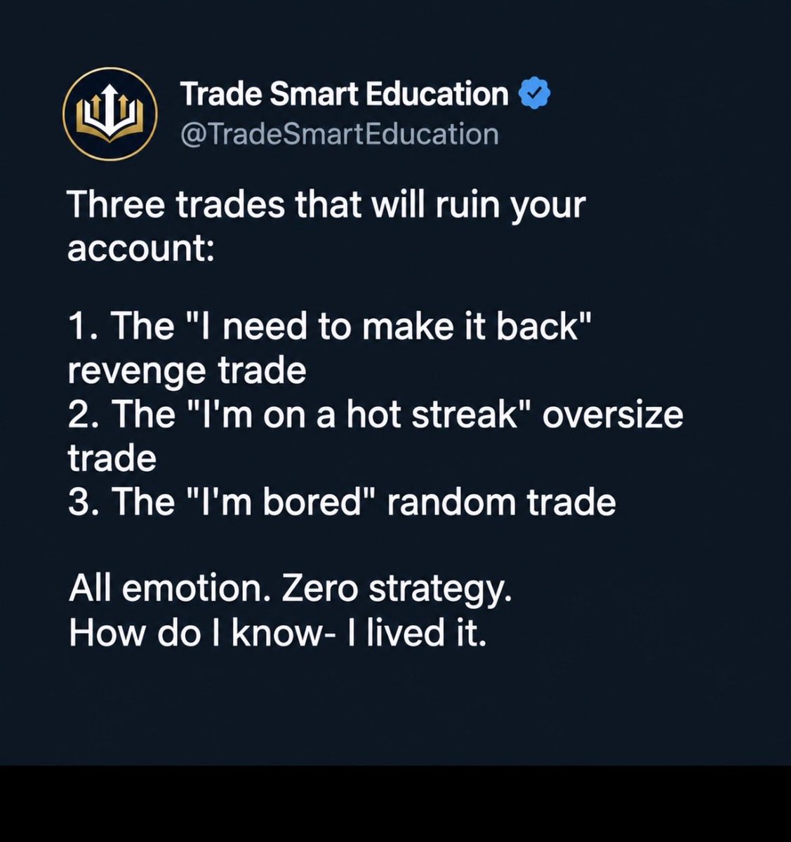 BobbyjoeRyan3's tweet photo. Most traders won't admit to #1 and #3, but your bank statement doesn’t lie.

Which one of these did the most damage to your account when you were starting out? Be honest. https://t.co/YxkFJj3nK4