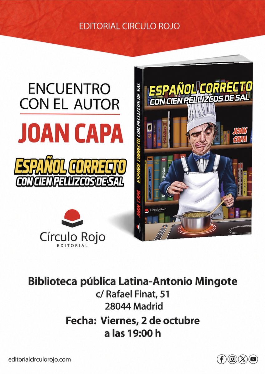 CANAL33's tweet photo. Guía Aluche - LATINA

Presentación del libro 'Español correcto con cien pellizcos de sal', de Joan Capa, mañana, viernes, 2 octubre 2026, Biblioteca Antonio Mingote @LibrosCMadrid 

https://t.co/5DqYCo6tYf https://t.co/UQoHJVTa01
