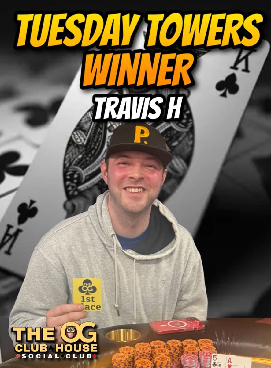 OGPokerClub's tweet photo. TUESDAY TOWERS CHAMPION! ๐
Travis H is taking the top spot and stacking another win at The OG! ๐ฐ
The towers came downโฆ and Travis was the last one standing.
Congratulations, Travis! ๐๐
#OGClubHouse #TuesdayTowers #PokerWinner #PokerNight https://t.co/PVbcgKd6tg