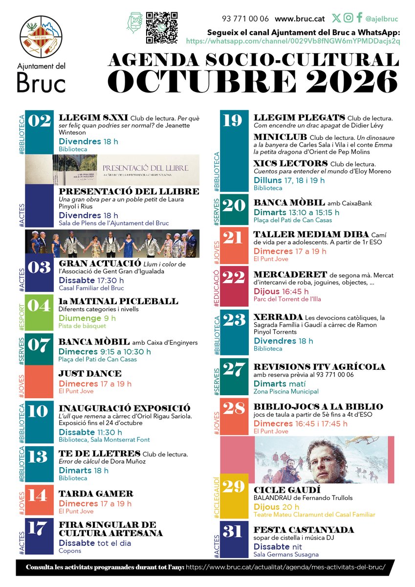 AjElBruc's tweet photo. 📢 Agenda d'octubre 📆
📲 Consulta les activitats previstes a l'agenda digital del Bruc https://t.co/knScTGVOAY
➕ Consulta les activitats programades durant tot l'any https://t.co/O0PCamg77i
#AgendaElBruc

https://t.co/2Uml7XDkI6 https://t.co/FilLZMDRtQ