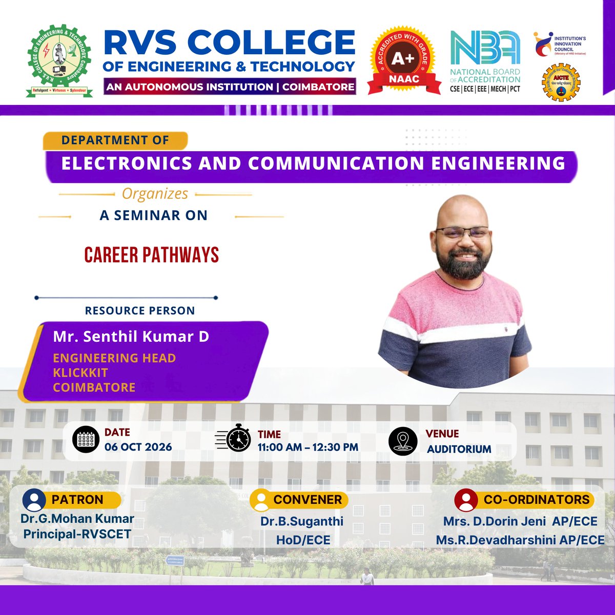 rvscet_cbe's tweet photo. 🚀 Confused About Your Career Path? We've Got You Covered!

The ECE Department at RVSCET is bringing you an insightful Seminar on "Career Pathways"! 🎯

📅 06 October 2026
🕚 11:00 AM – 12:30 PM
📍 Auditorium https://t.co/PkbqI4vBxL