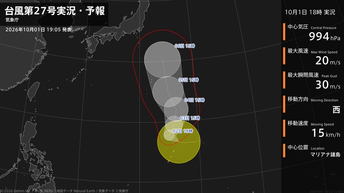 UN_NERV's tweet photo. 【台風第27号実況・予報 2026年10月01日 19:02】
台風第27号（チョーイワン）は、マリアナ諸島を1時間に15キロの速さで西に進んでいます。 https://t.co/YzTNNGM0uq