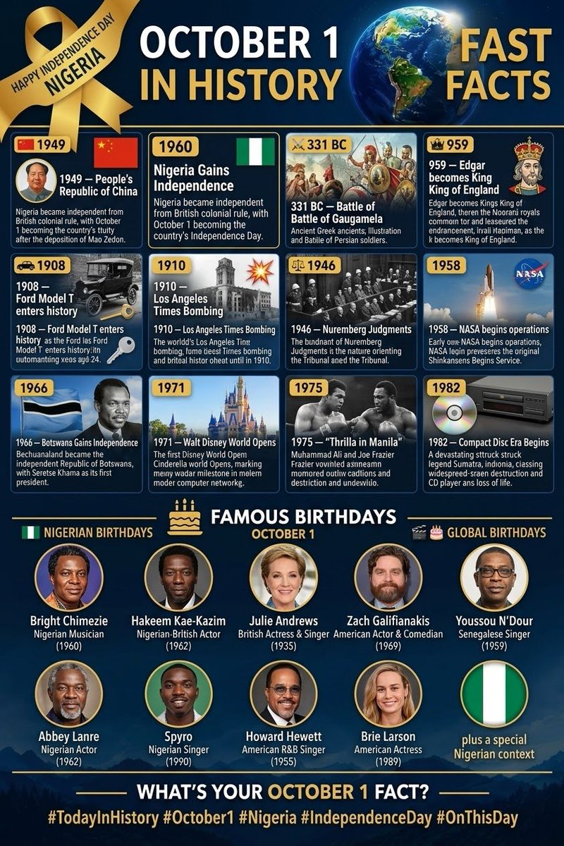 Folabomi00's tweet photo. 🇳🇬📜 TODAY IN HISTORY — OCTOBER 1

🇳🇬 1960 — Nigeria gained independence.

🎂 Born today: Julie Andrews, Zach Galifianakis, Brie Larson, Youssou N’Dour, Bright Chimezie &amp; Spyro.

🇳🇬❤️ Happy Independence Day, Nigeria!
#TodayInHistory #October1 #Nigeria #IndependenceDay #OnThisDay https://t.co/yngzQKoJOH