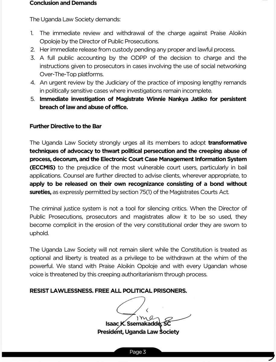 PhillipKarugaba's tweet photo. “a classic example of using trumped-
up charges to chill protected expression, in clear violation of …
of the Constitution”. Thank you @ug_lawsociety @IsaacSsemakadde 
This conduct of @ODPPUGANDA and @JudiciaryUG is unacceptable. It must be exposed. It must be stopped. https://t.co/W609YLveAD