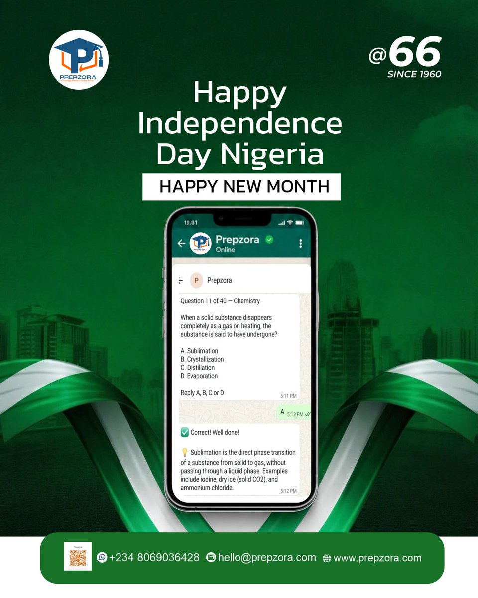 Prepzora's tweet photo. Happy New Month &amp; Happy Independence Day, Nigeria! 🎉
Welcome to October! May this new month bring fresh opportunities, growth, and success.
From all of us at Prepzora, keep learning, keep practicing, and keep believing in your potential.
Click on https://t.co/DkVFQHqpy0 https://t.co/yUwf6ckQns