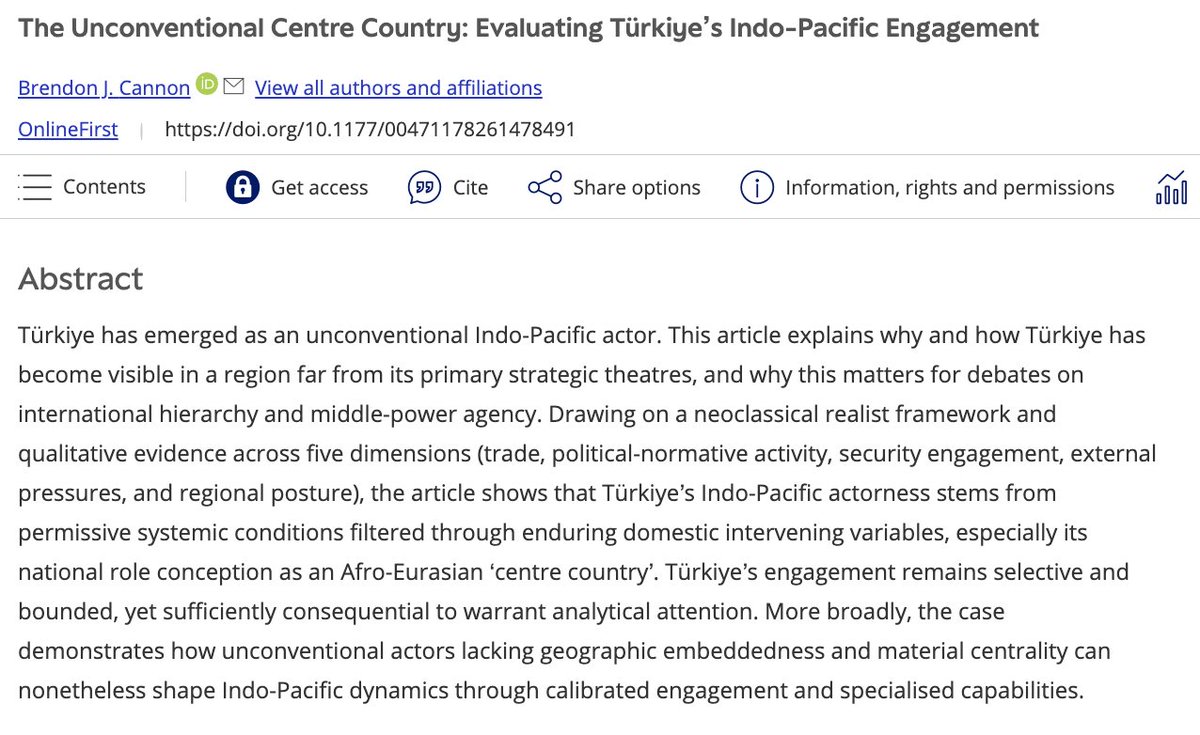 IntRelationsJ's tweet photo. New online first forum article:

The Unconventional Centre Country: Evaluating Türkiye’s Indo-Pacific Engagement

Authored by Brendon J. Cannon

⤵️⤵️⤵️
https://t.co/2qy52jwffI https://t.co/lGC4YxiRCn