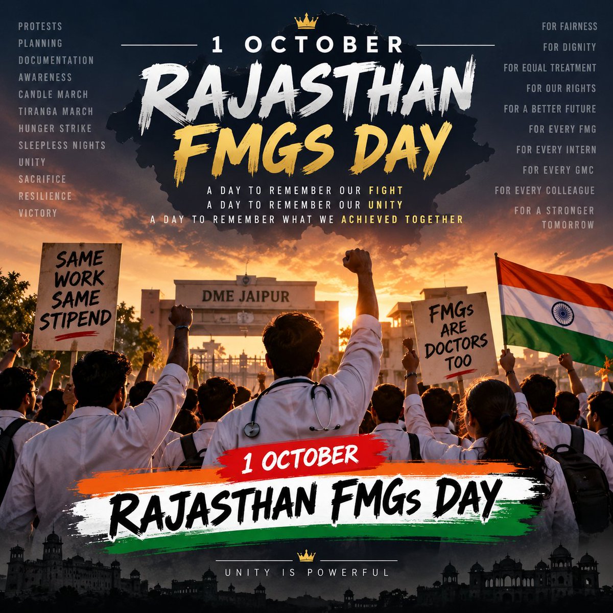 FMGS_Rajasthan's tweet photo. 🇮🇳 OCTOBER 1 - RAJASTHAN FMGs DAY 🇮🇳

October 1 should be remembered as Rajasthan FMGs Day, the day we stood together, fought together, and proved the power of our unity. ✊🔥

A day to remember the struggle.
A day to remember the sacrifices.
A day to remember what we achieved together.

1 OCTOBER - RAJASTHAN FMGs DAY. ❤️‍🔥

#RajasthanFMGsDay #FMGStipend #FMGSRajasthan #FMGUnity #FMGVictory #RajasthanFMGs #FMGInterns #JusticeForFMGs