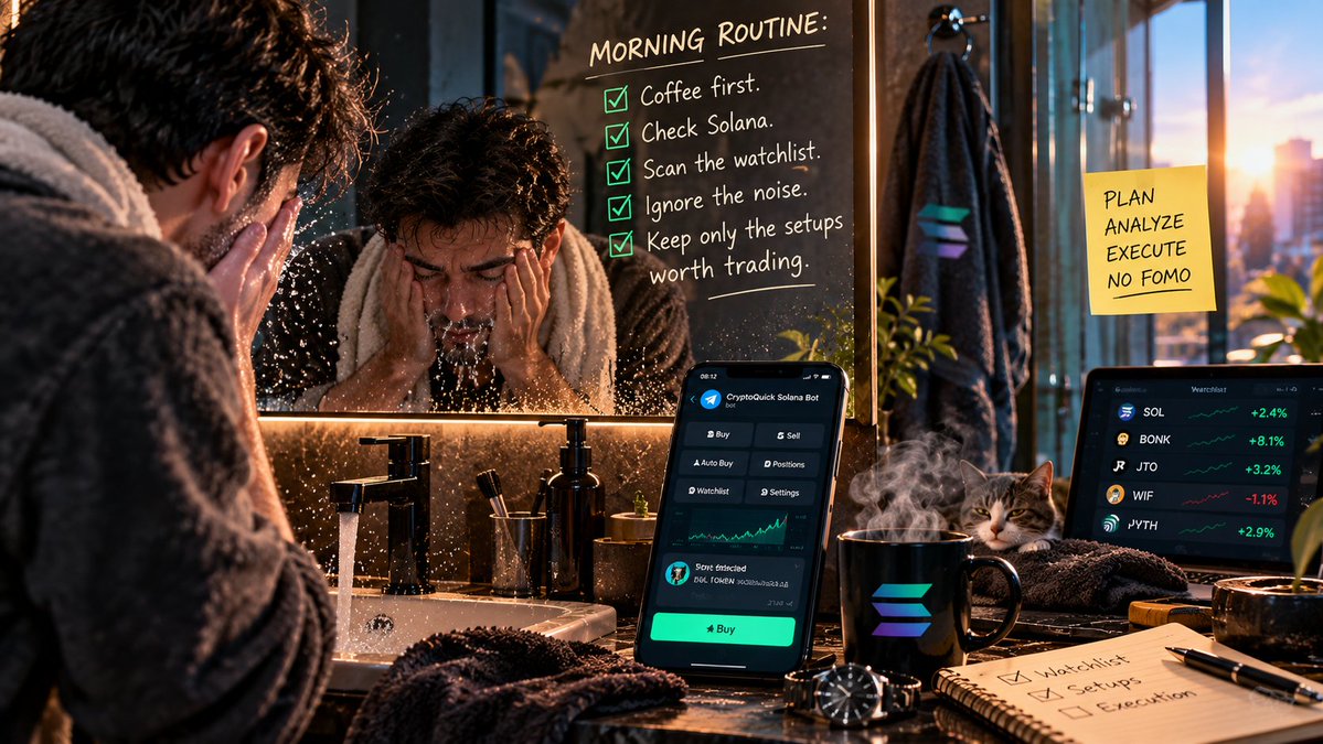 cryptoquickbot's tweet photo. Morning routine:

Coffee first.
Check Solana.
Scan the watchlist.
Ignore the noise.
Keep only the setups worth trading.

If one of them starts to make sense, CryptoQuick Solana Bot is already there for the execution.

Start the day with a plan, not random clicks.

https://t.co/wOKnnHRZtZ