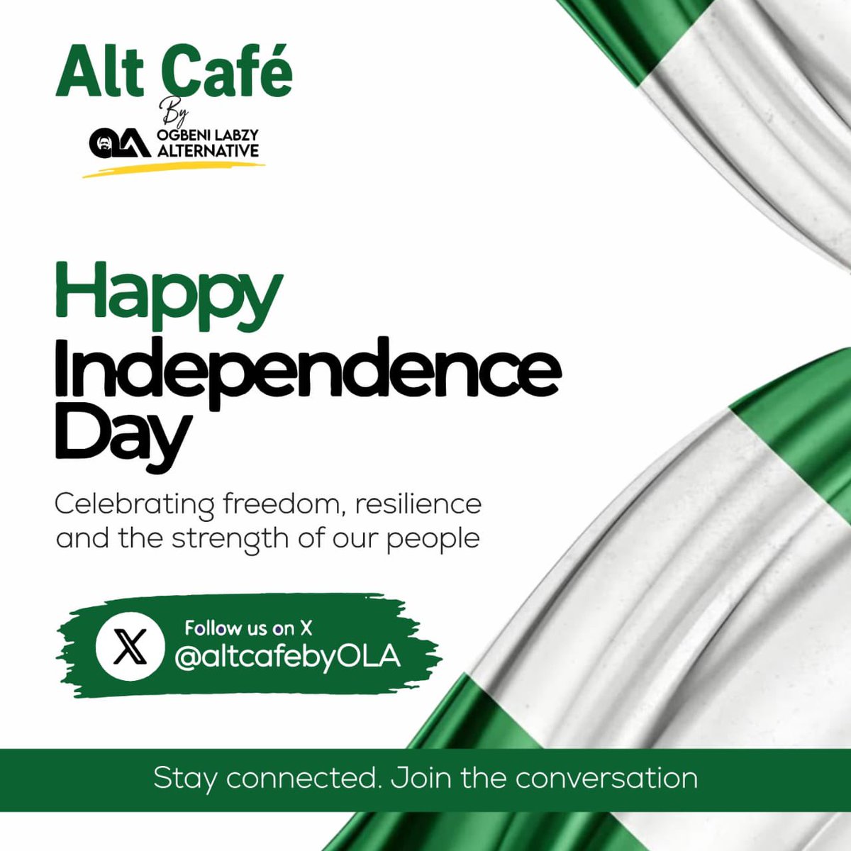 AltCafebyOLA's tweet photo. 🇳🇬 Happy Independence Day, Nigeria! 

Today, we celebrate our beautiful country and the amazing people who make it home.

From all of us at Alt Cafe, thank you for being part of our solution-driven conversations. Here’s to hope, and a brighter tomorrow. 🇳🇬

With love, Alt Cafe. https://t.co/pcsext7jVF