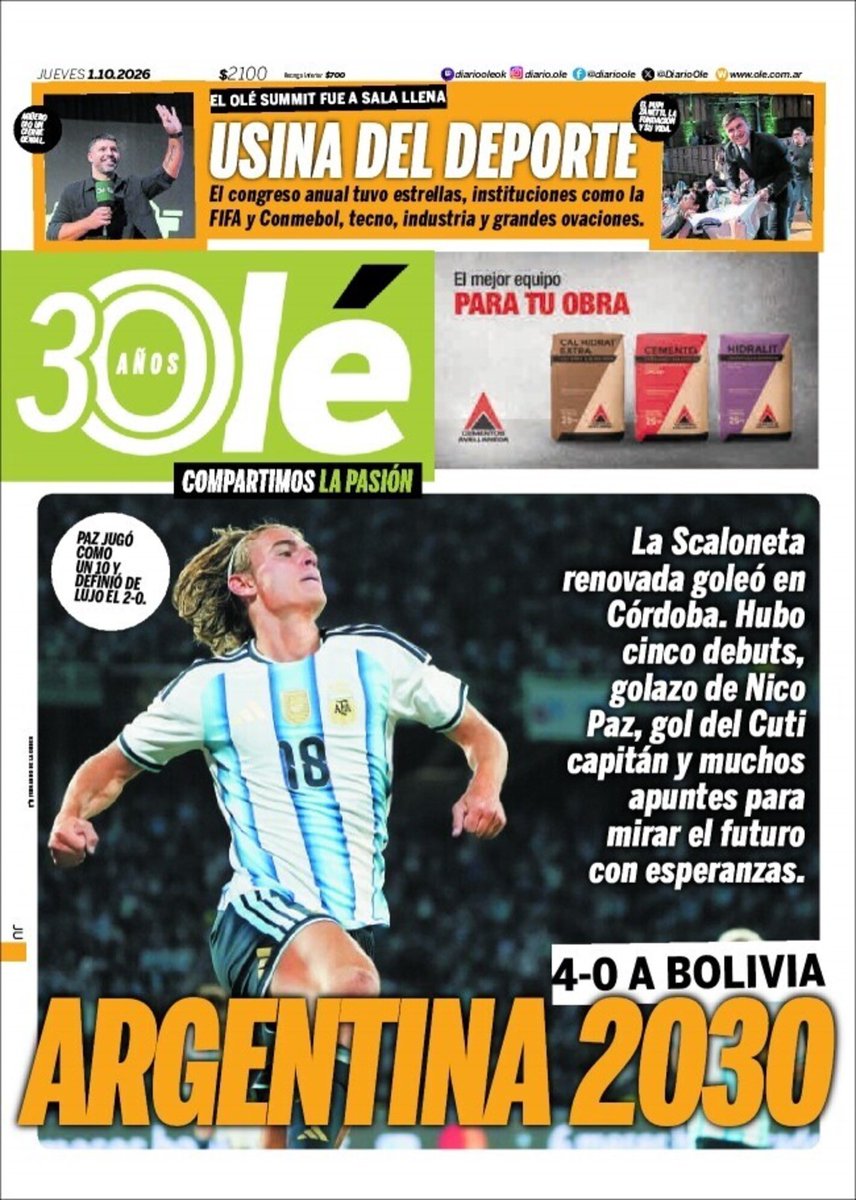 DiarioOle's tweet photo. ARGENTINA 2030 🗓️🇦🇷🔥

#LaTapaDeOlé | Jueves 1 de octubre 📰 https://t.co/StZOC68Jiw