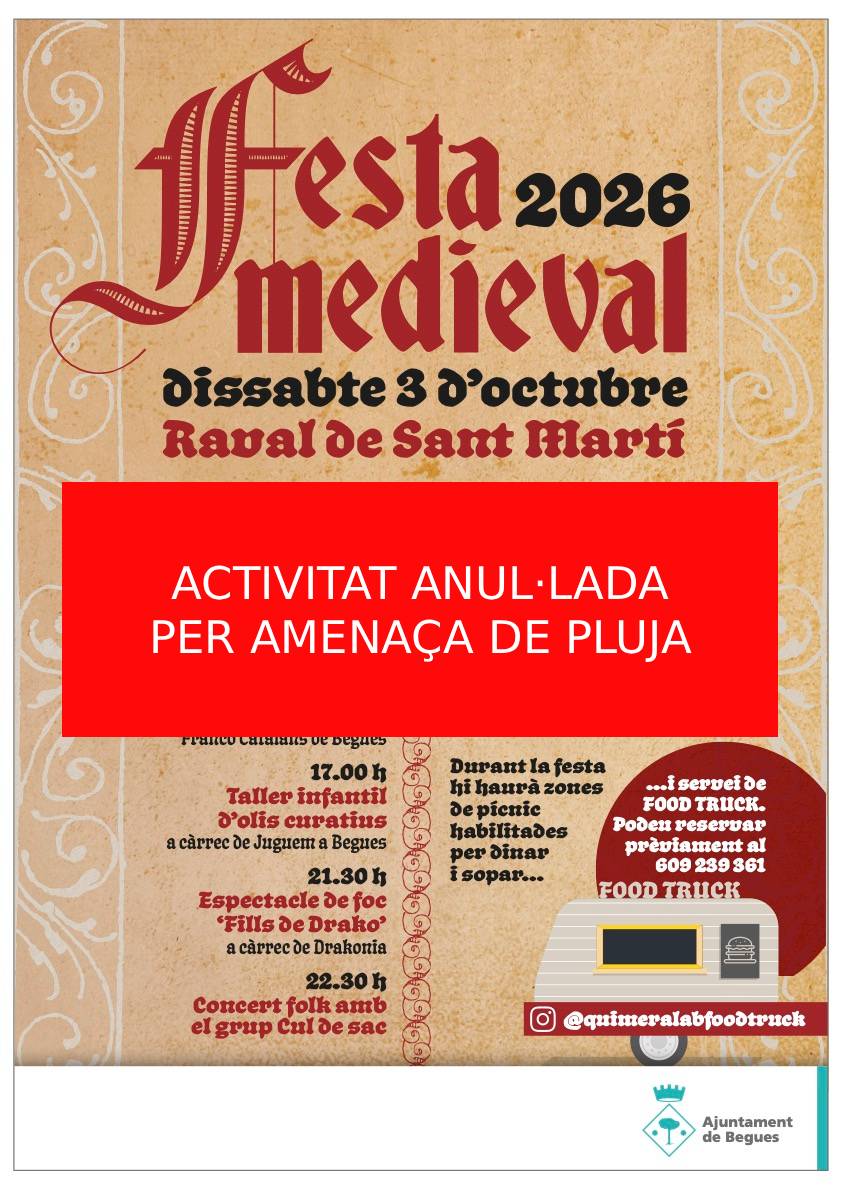 ajbegues's tweet photo. ❗La Festa Medieval prevista per dissabte, 3 d'octubre, s'ha anul·lat per la previsió de pluja per a aquell dia a #Begues. https://t.co/xEK4xXOokO