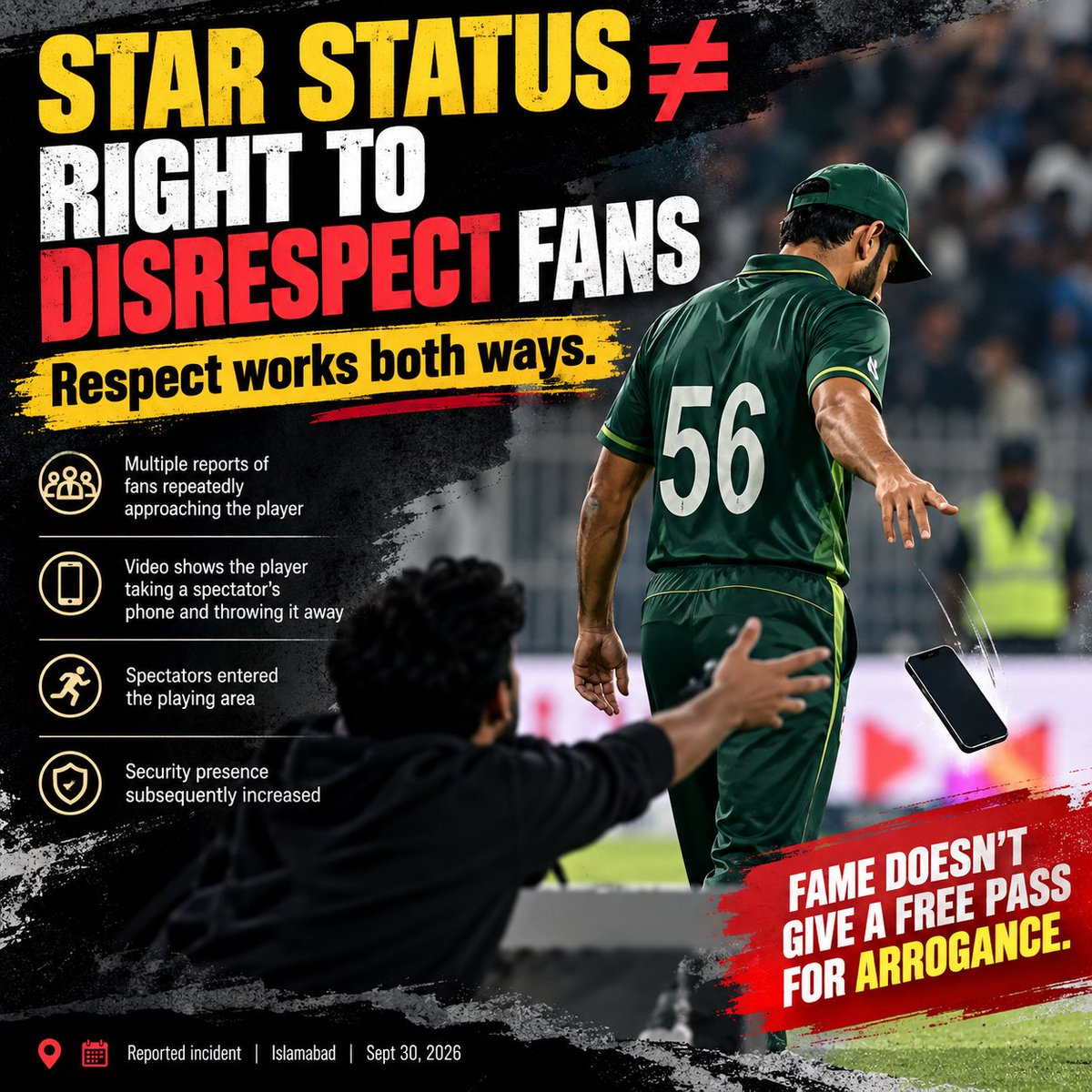 Allurisitaram96's tweet photo. Babar Azam wants the spotlight when it comes to fame. But when the spotlight turns on his behaviour, the story looks very different.

A fan’s phone was reportedly taken and thrown away after repeated attempts to approach him during the President’s Trophy game in Islamabad.

Fans can cross the line by breaching security — absolutely. But being a star doesn’t make disrespect acceptable.

Runs earn applause. Character earns respect.

#BabarAzam #PakistanCricket #Cricket