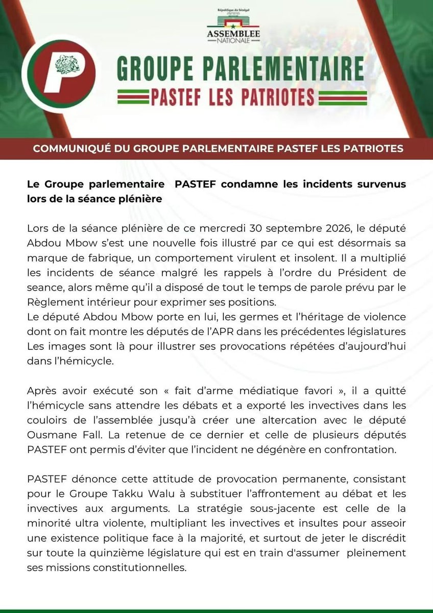 ababacarDoucou4's tweet photo. PASTEF FOIRE DES  BONIMENTEURS  pond un communiqué mensonger, député Abdou Mbow a été agressé et  injurié par le député Pastéf Ousmane Fall devant +sieurs témoins,
député TAS,  gendarmes et un huissier de justice

Pers  n'a vu député Abdou Mbow injurier son collègue a l'AN https://t.co/hTrYklmz5L