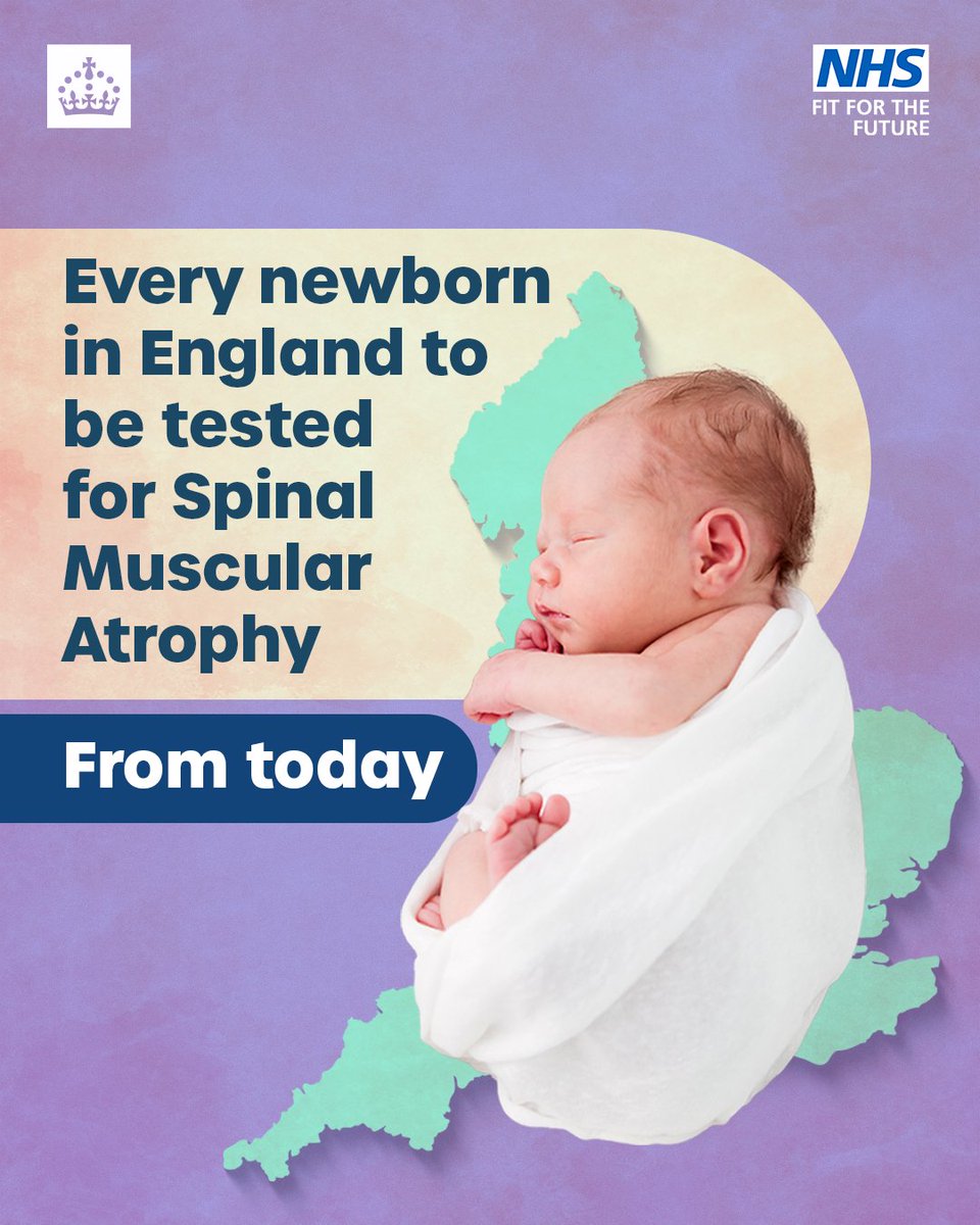DHSCgovuk's tweet photo. We're expanding testing for Spinal Muscular Atrophy (SMA) across England.

From today, SMA checks will start being added to the heel-prick test for newborns.

This is part of an evaluation gathering evidence for a permanent national screening programme.

https://t.co/KtJ0mE2LIe https://t.co/E0Ubzc75yJ